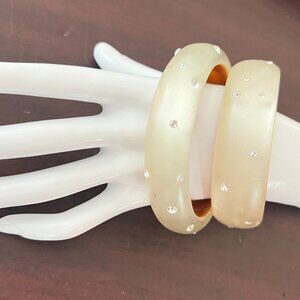Vintage Frosted LUCITE with CLEAR Studded RHINESTONES BANGLE Bracelet SET